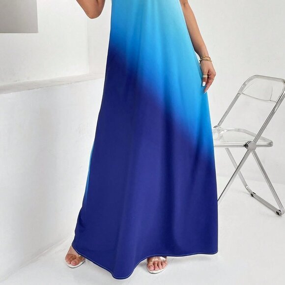 Blue Casual Womens Ombre One Shoulder Maxi Dress - Picture 5 of 5